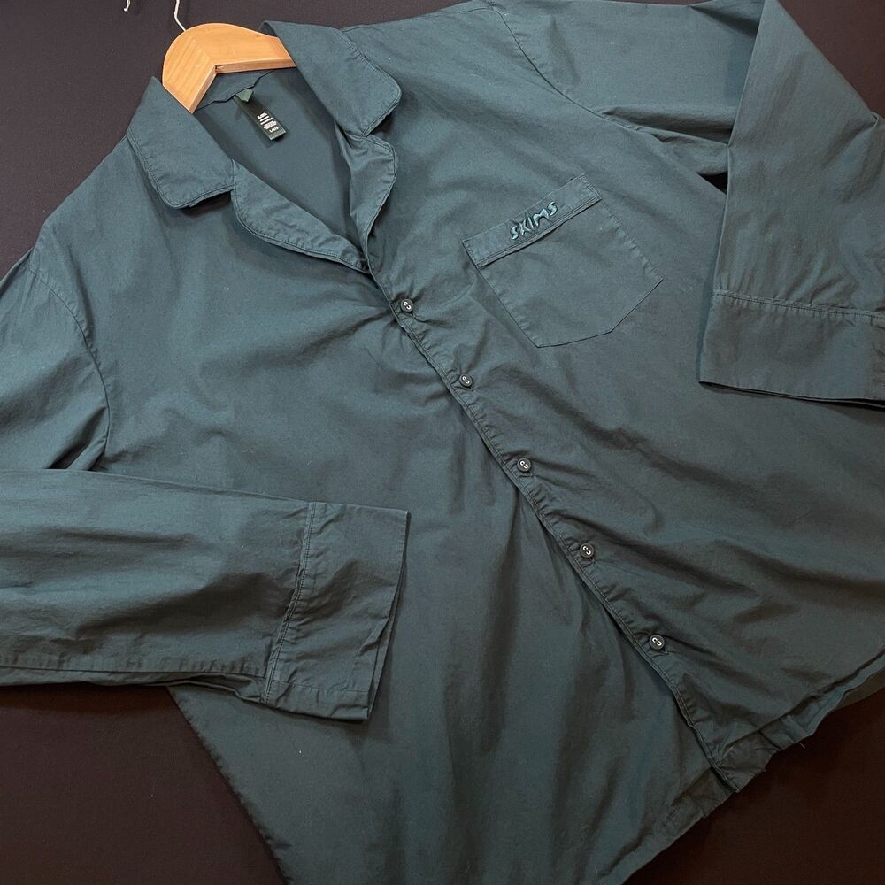 ~ SKIMS Lg Sleep Shirt* Unisex Cotton Pajama Dark Green Button Lounge Nightshirt